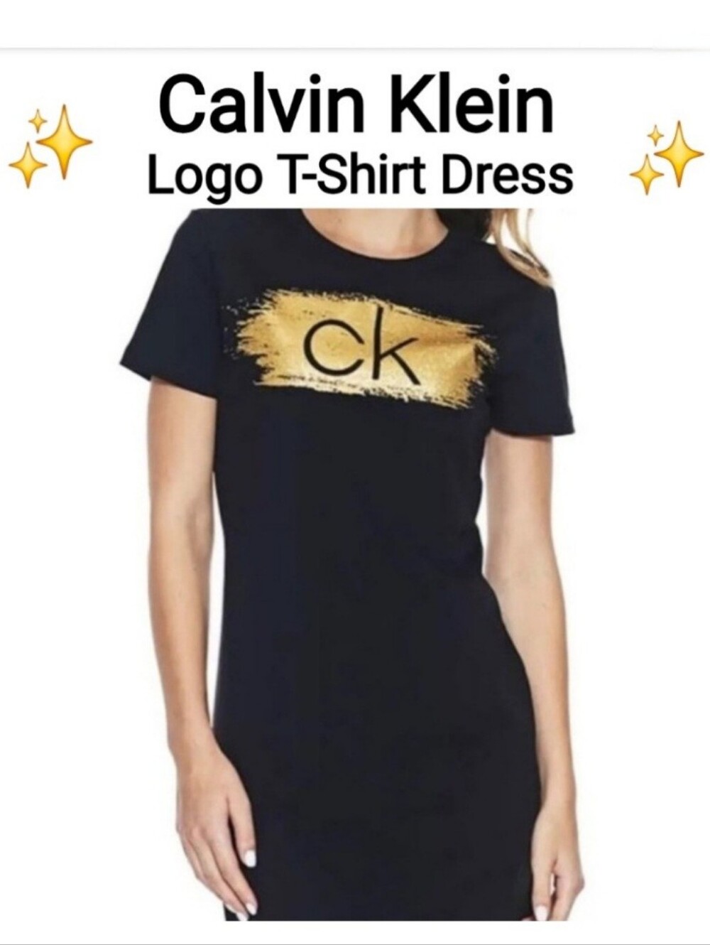 Calvin Klein Black T-Shirt Dress with Gold Brushstroke Logo, Size L